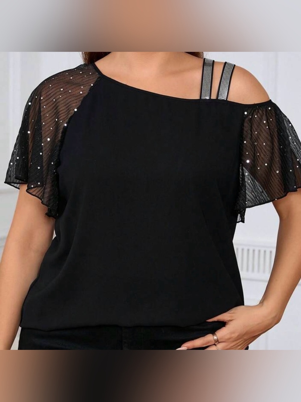 SHEIN Curve Frenchy Asymmetric Collar Rhinestone Decor Mesh Ruffle Sleeve Sz 1XL